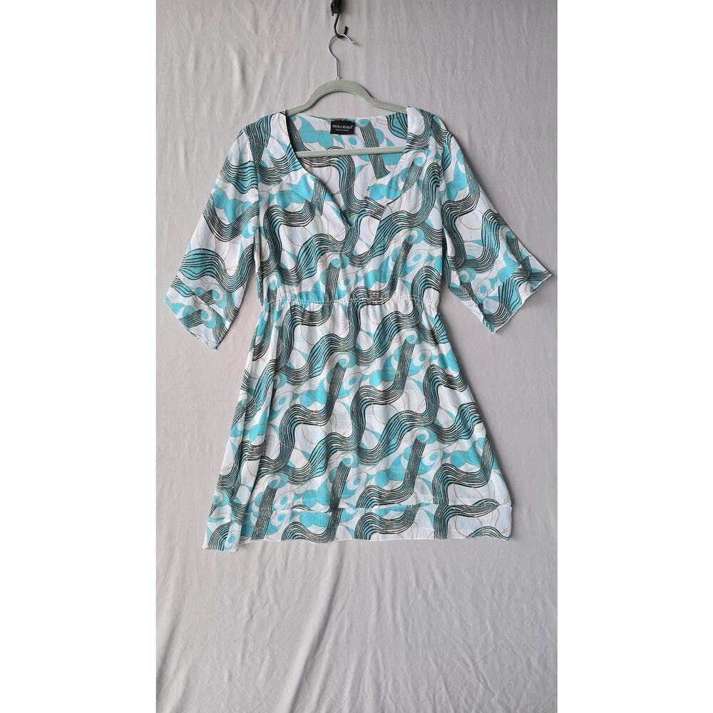 Paola Maria Blouse Womens Medium Blue Geometric 3/4 Sleeve Maternity Tunic Top